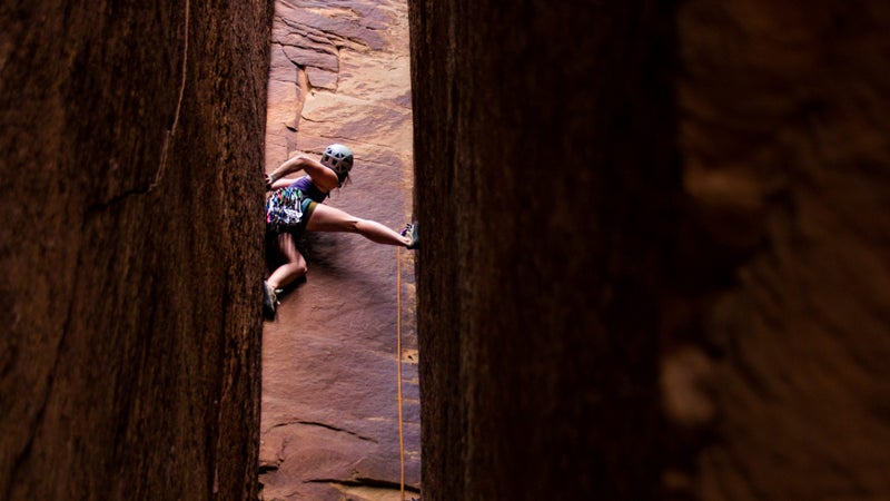 Grace Marie Larson (@glarzzz) climbs the Mystery Machine, a 5.10+ in Indian Creek, Utah.