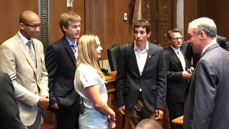 Kai Lightner, Sasha DiGiulian, and Alex Honnold speak with Senator Tim Kaine.