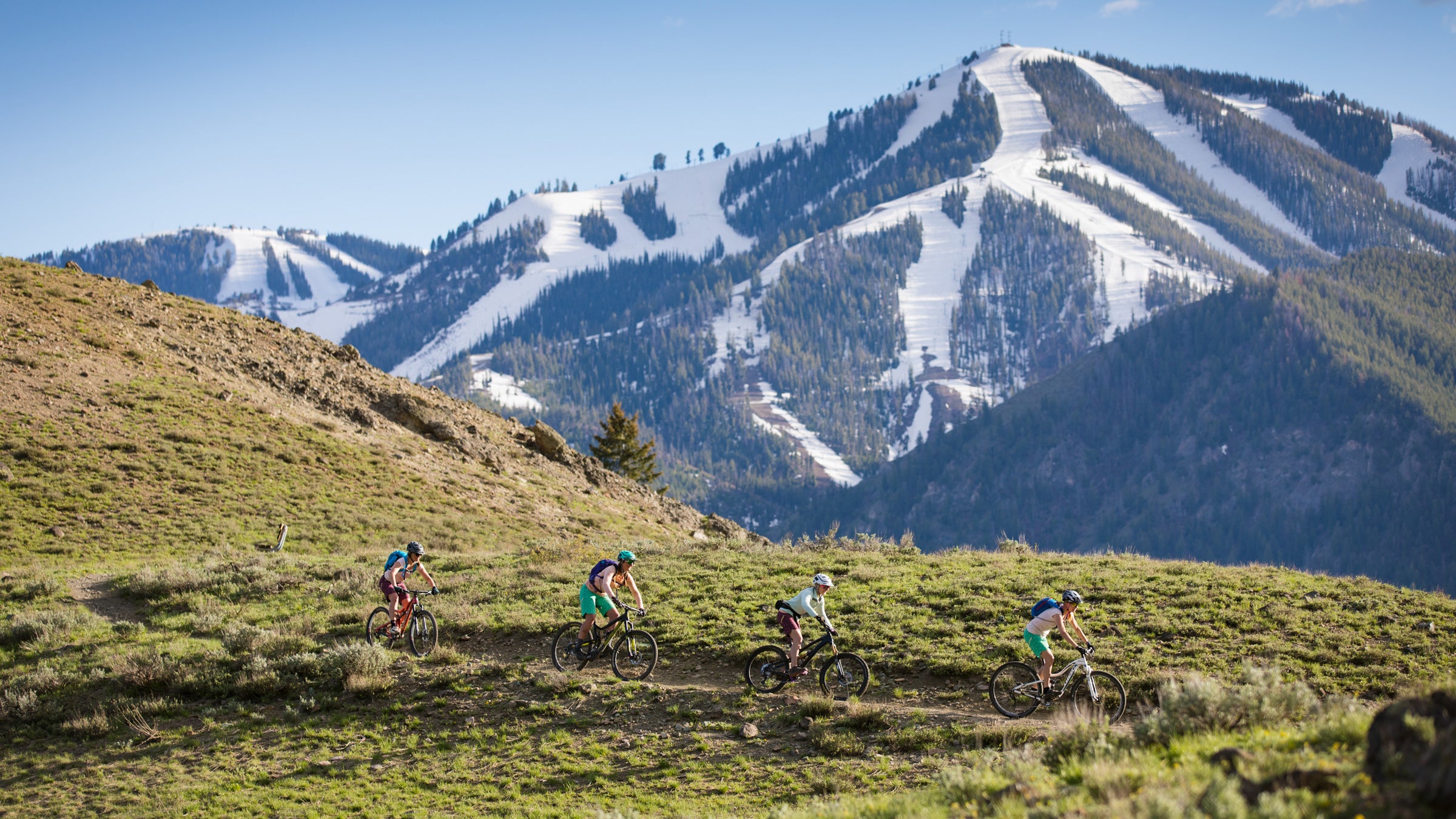 Women testing Wild Rye's mountain-bike apparel in Sun Valley. 
