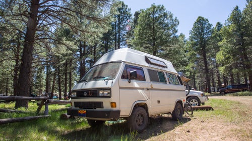 1986 Volkswagen Type 2 T3 Vanagon High Top
Kristen and Steve Zaporowski of Tucson, Arizona, own this Vanagon High Top, which has an engine from GoWesty, the country’s most well-known VW-van restoration shop. It’s also lifted, with all-terrain tires and a bike rack, and has a totally renovated interior.