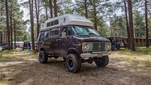 1976 Chevrolet High Top Van
Modern Sprinter vans are sexy, but we also dig this old-school Chevy. It’s owned by Wendy and Bill Spencer from Greeley, Colorado, and still has the original pop-top bed area and four-wheel-drive system. Over the past three years, they’ve added a 350 small-block Chevy engine and transmission, plus off-road features like Bilstein shocks. (You can watch the conversion process on their YouTube channel.) Inside, there’s a full living space with kitchen, heater, and solar-powered electrical system.
