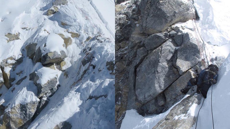 A comparison of Hillary Step in 2016 (left) versus in 2014 (right) shows how snowfall has made it difficult to know for sure whether or not the peak remains intact.