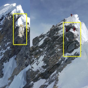 The Hillary Step pictured on May 23, 2017 (L) is missing the top, largest boulder that can seen in this image from 2011 (R).