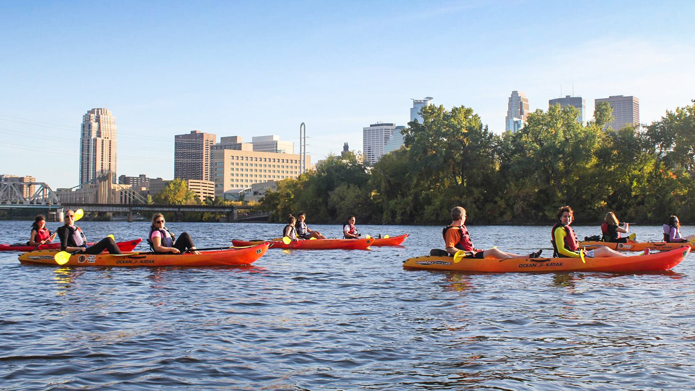A leisurely kayaking trip down the Mississipi River is one way to see the downtown skyline.