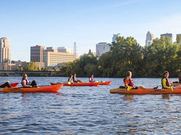 A leisurely kayaking trip down the Mississipi River is one way to see the downtown skyline.