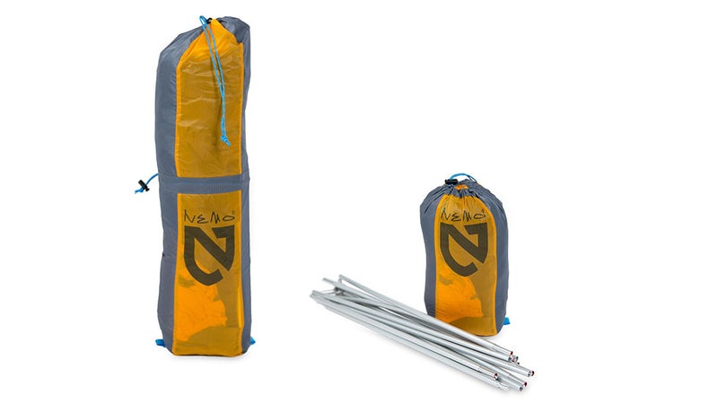 The stuffsack cinches in two places, allowing you to compress the tent whether you want to carry it with the poles or not. Without, the tent package is just the size of a grapefruit.