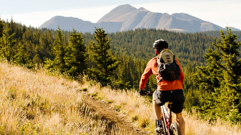 Mountain biking on singletrack on the Monarch Crest Trail outside of Salida, Colorado.