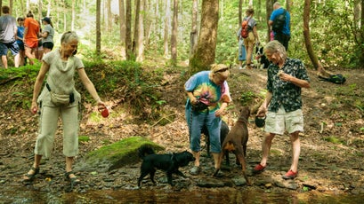 Masja Ott, left, Doris Newton, middle, and David Newton, right, take a moment to let their dogs play in Copperas Creek.