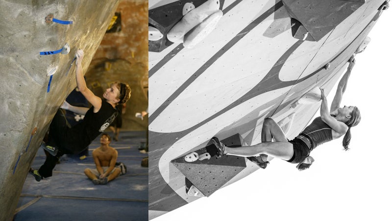 Angie Payne competing in the 2004 American Bouldering Series National Championships (left); Payne at the 2015 PsicoComp Deep Water Soloing Competition in Park City, Utah.