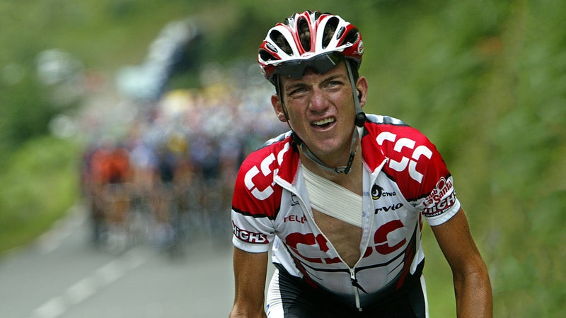Tyler Hamilton shown at one of his lowest weights breaking away from the pack during the 2003 Tour de France.