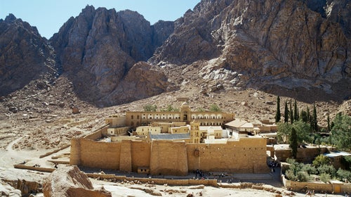 St. Catherine's Monastery and Mount Sinai in Egypt, as seen from the Sinai Trail.