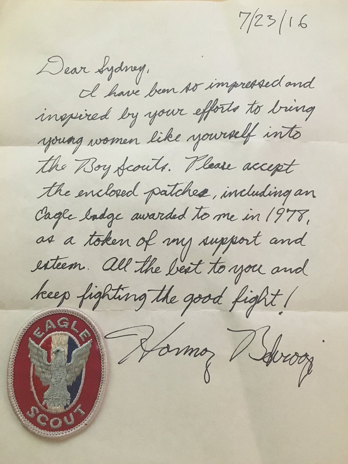 Sydney's quest inspired an Eagle Scout to send her his original badge.