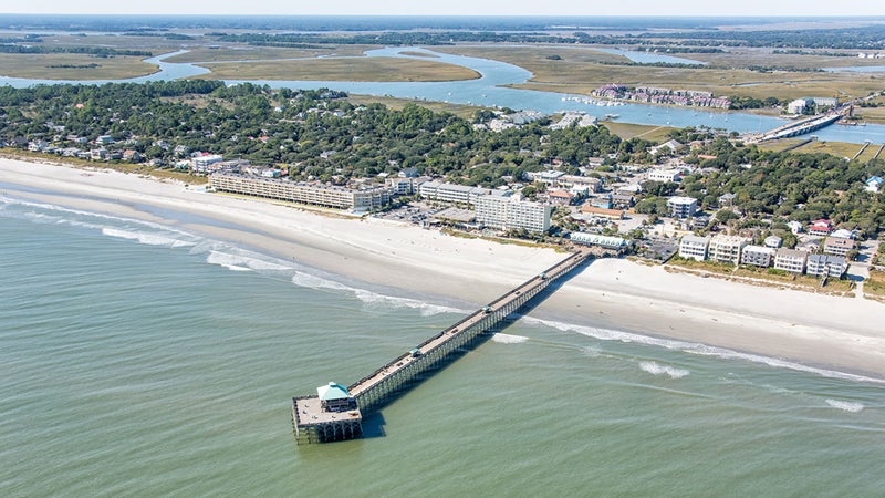 Folly Beach Pier and beach from above.