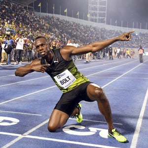 Jamaica's Usain Bolt celebrates after winning the 