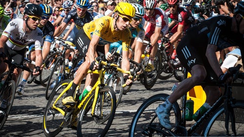 Bradley Wiggins wears the yellow jersey on his way to winning the 2012 Tour de France.