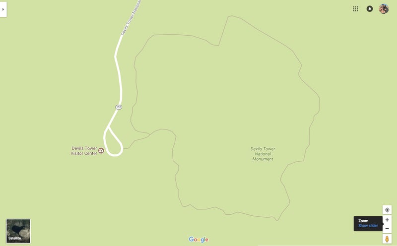 This is what Devil's Tower looks like on a standard road map, in this case Google Maps. Yeah, you can make it out because it's named, and because a hiking trail surrounds it, but you can't make out any terrain features at all.