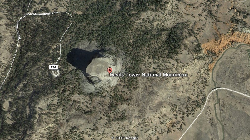 Here's Devil's Tower photographed from a satellite and displayed in Google Earth. Now you're starting to see what its terrain might look like, viewed from the top, looking down.
