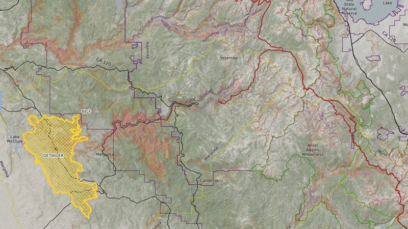 Worried about how a fire, current or past, might impact your trip? CalTopo allow you to layer that information into your map. Here, we can see the ongoing Detwiler fire, near Yosemite National Park. I've enabled gradient slope shading to better highlight the location of Yosemite Valley, at the center of the map. As you can see, the National Park isn't currently under threat. Phew.