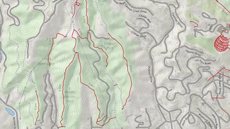 Now here's a simple hybrid map it took me 30 seconds to build in CalTopo. All of a sudden this is useful, right? To build it, I just clicked through the available topo map sources until I found the best one, then added in trails, and roads. Saving this as a geospatial PDF, then exporting that to my phone, gives me that same blue dot Google does, just here with real navigation data to compare it with.