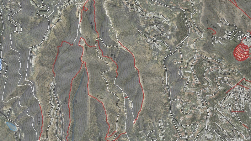 Here's that same map with recent satellite imagery blended in (you can custom adjust layer opacity), giving us information on where the dense chaparral brush and the buildings are.