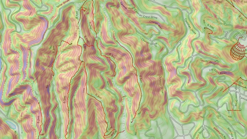 Worried about avalanches? This slope shading layer allows you to easily pick out Runyon's at-risk areas, displayed in darker shades.