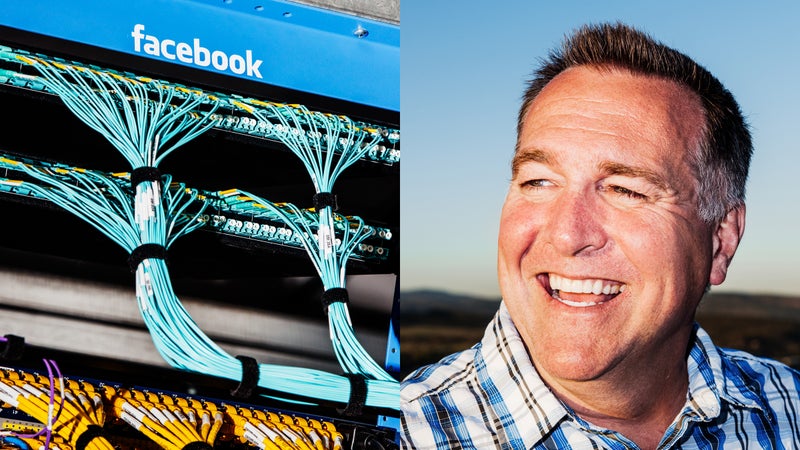 Facebook networking cables (left) and Facebook data center’s former director of opera­tions, Ken Patchett (right).