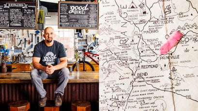 Owner of Good Bike Co., James Good (left) and a map of Prineville (right).