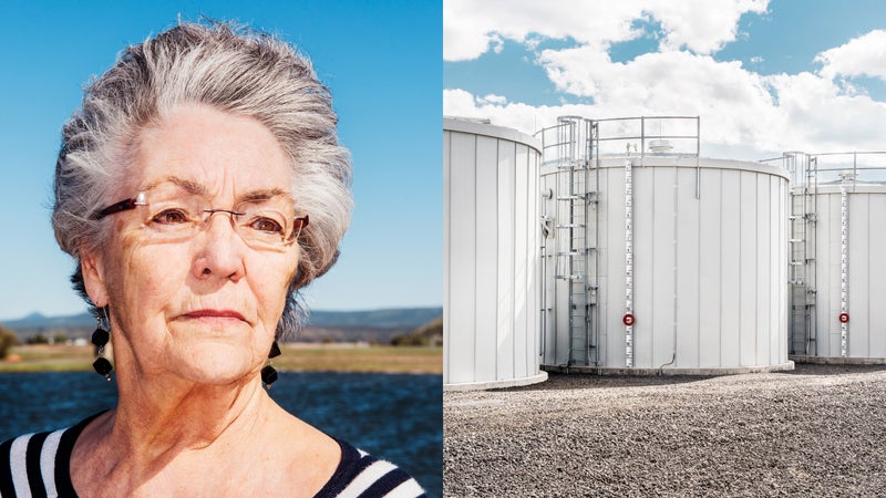 Mayor Betty Roppe (left) and water tanks at Apple (right).