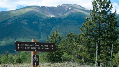 F04JJ1 Trail markers on the trail near Colorado's highest peak, Mount Elbert, 14,433 feet, where the Continental Divide Trail and the Colorado Trail merge near Buena Vista, Colorado.