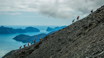 Men's competitors ascend the mountain with Resurrection Bay seen in the distance.