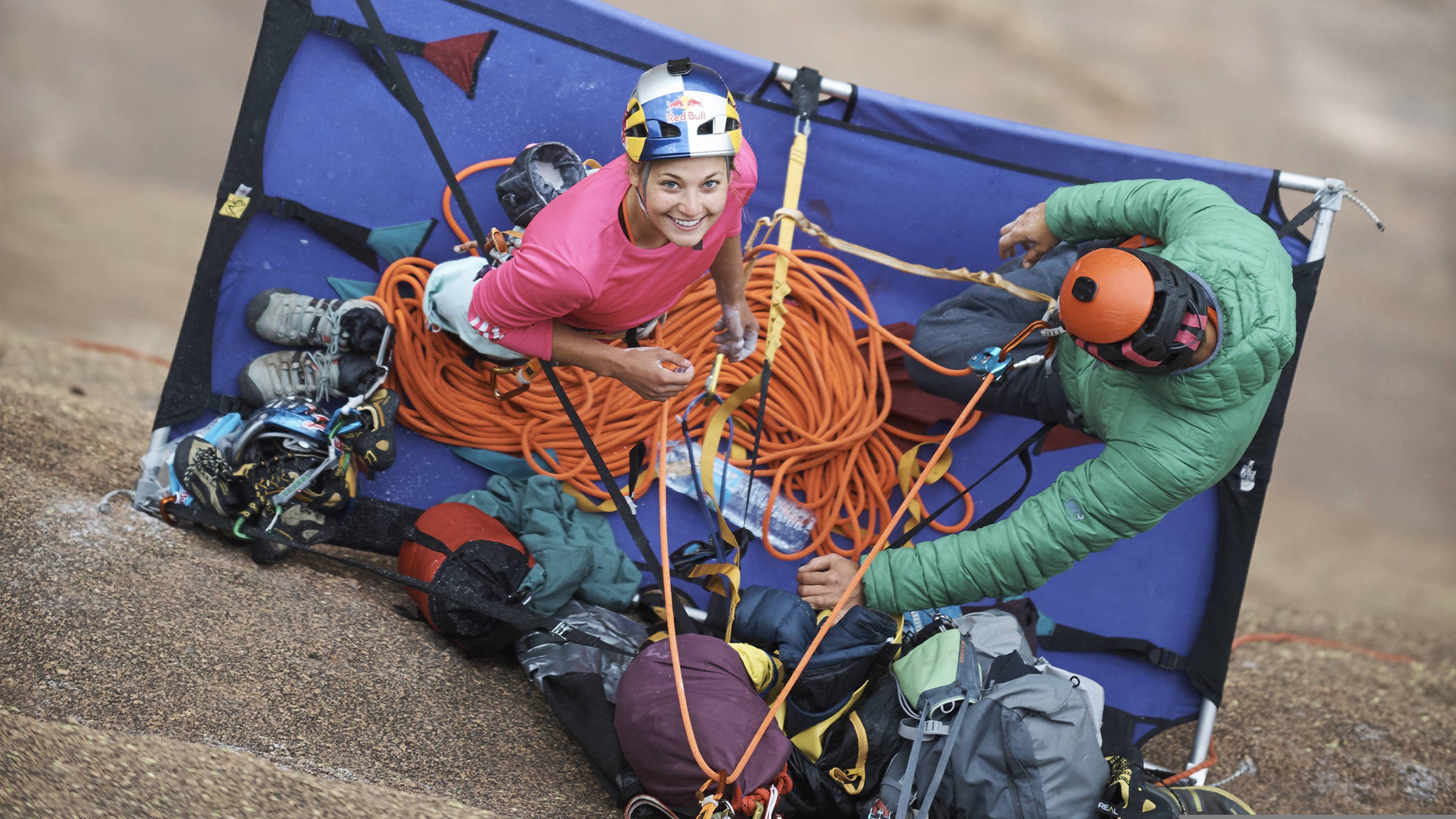 Sasha DiGiulian and Edu Marin get ready to climb Mora Mora (5.14b, 8c) on the remote massif domes of Tsaranoro in Madagascar.