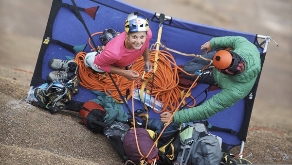 Sasha DiGiulian and Edu Marin get ready to climb Mora Mora (5.14b, 8c) on the remote massif domes of Tsaranoro in Madagascar.