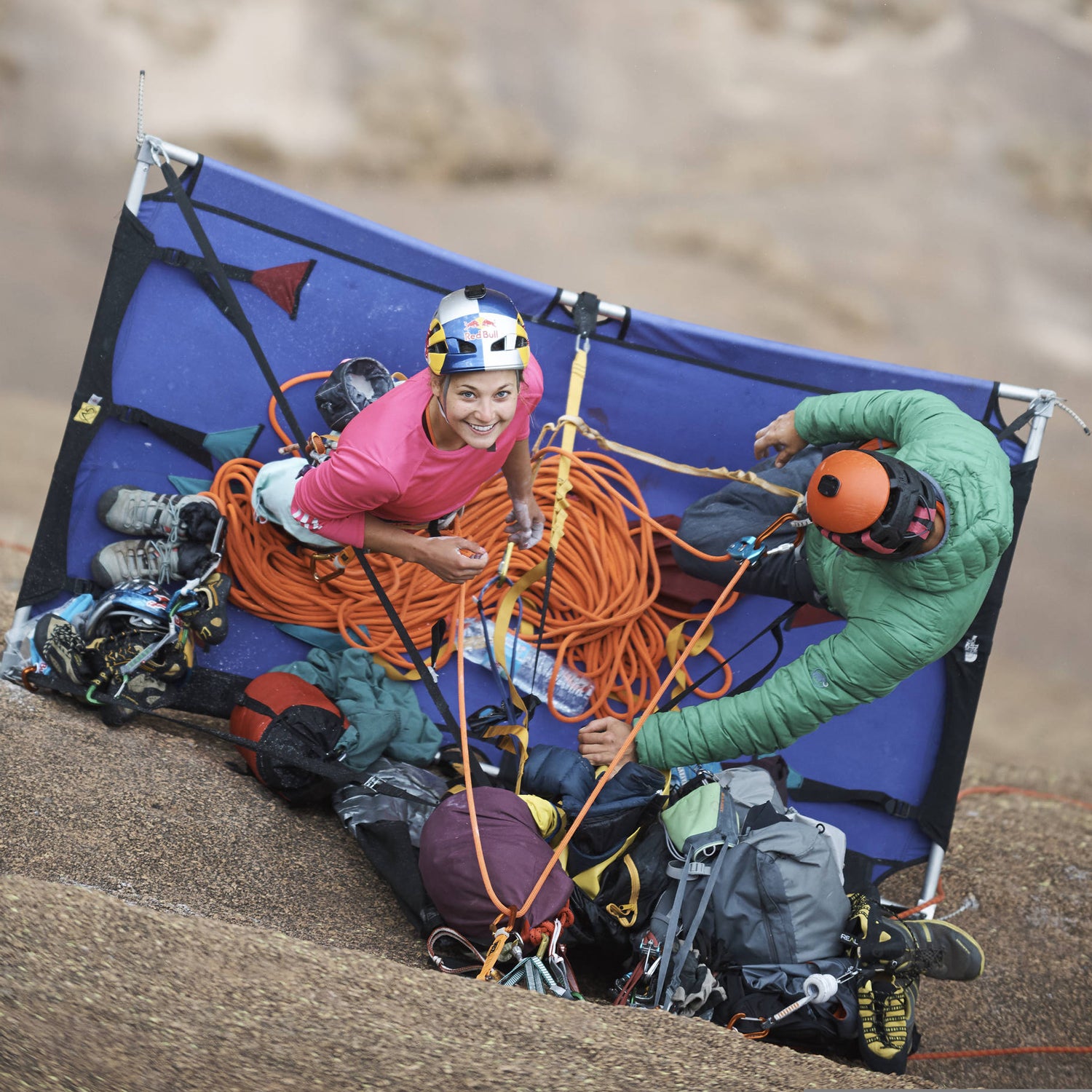 Sasha DiGiulian and Edu Marin get ready to climb Mora Mora (5.14b, 8c) on the remote massif domes of Tsaranoro in Madagascar.