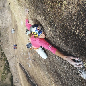 Sasha DiGiulian climbs Mora Mora (5.14b, 8c) on the remote massif domes of Tsaranoro in Madagascar.