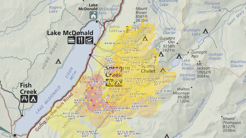 The Sprague Fire's approximate current extent, overlaid on a visitor map for Glacier National Park's Lake MacDonald area.