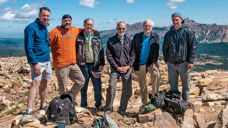 (From left) Chris Wejchert, Monty McCutchen, Roberts, Ed Ward, Matt Hale, and Jon Krakauer in Utah's Uintas Mountains, 2009.