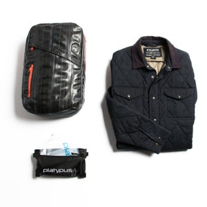 Clockwise from top left; Alchemy Goods Brooklyn Backpack, Filson Hyder Quilted Jac-Shirt, Platypus GravityWorks Filter.