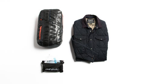 Clockwise from top left; Alchemy Goods Brooklyn Backpack, Filson Hyder Quilted Jac-Shirt, Platypus GravityWorks Filter.