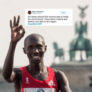 Kenya's Wilson Kipsang celebrates after finishing second in the 43rd Berlin Marathon.