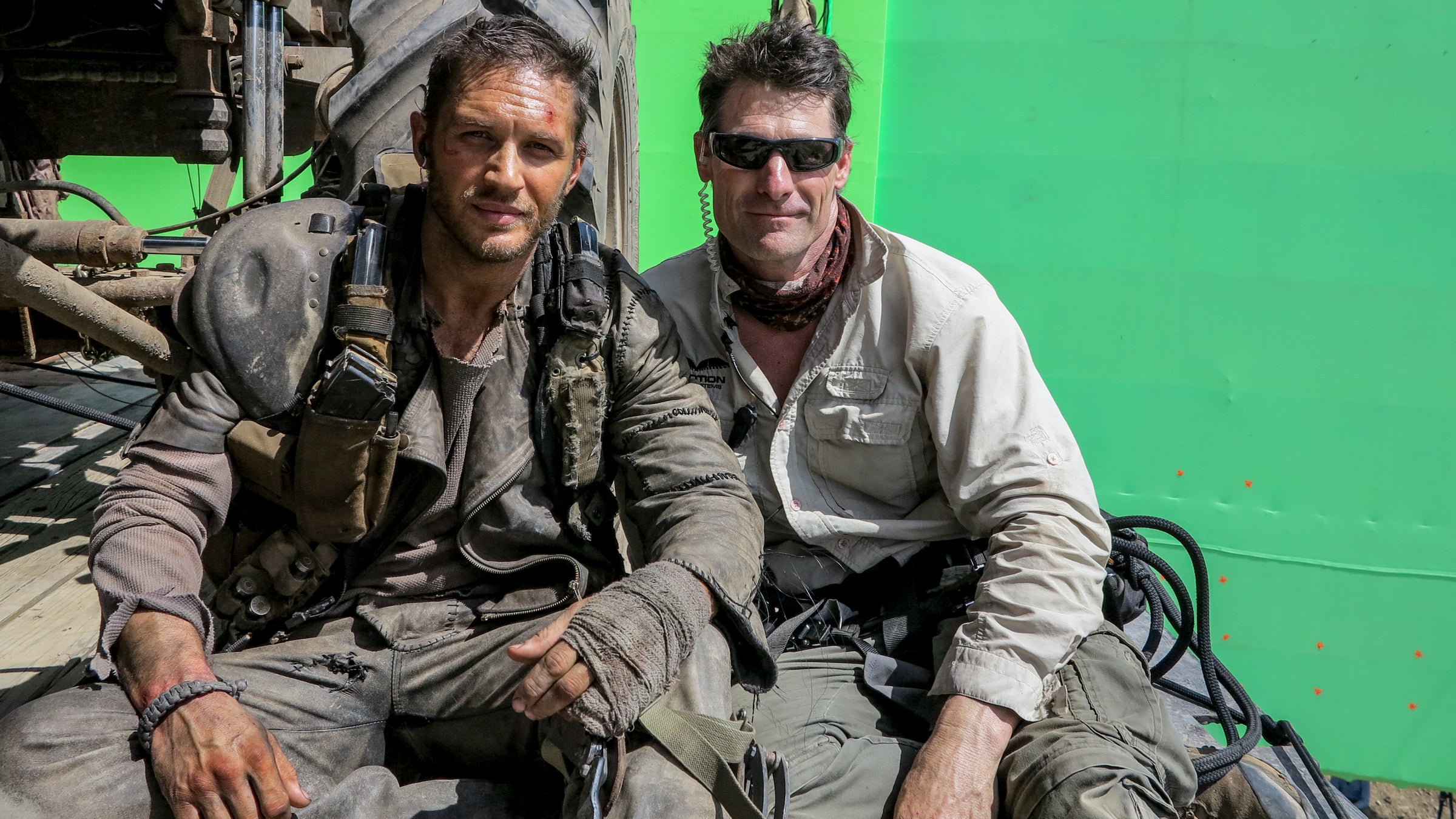 Stunt rigger Keir Beck with actor Tom Hardy on the set of Mad Max: Fury Road.