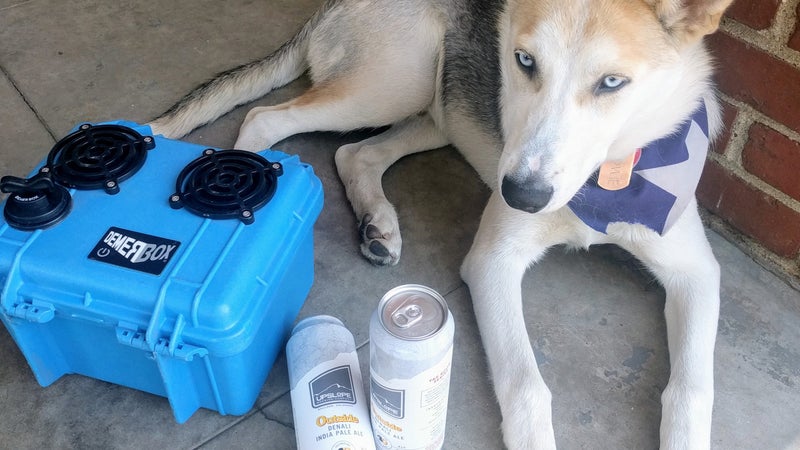 Tallboys and 52 pound puppy for scale. Note the installed bass tube plug, which results in a waterproof case.