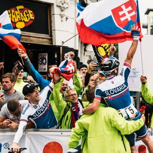 Juraj Sagan celebrates his team’s third straight world championship victory after the finish of the Elite Men’s road race.