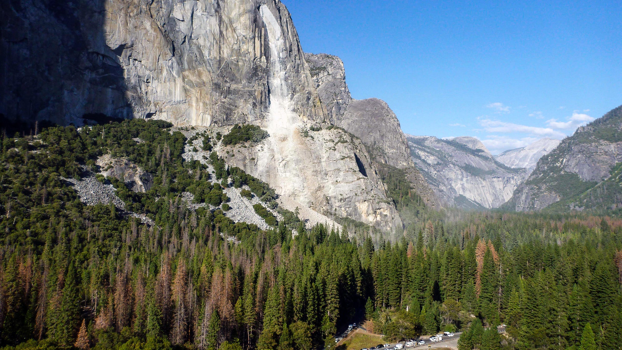 This Thursday, Sept. 28, 2017 photo shows a rock fall off the iconic El Capitan rock formation in Yosemite National Park, California.