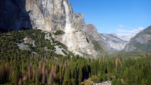 This Thursday, Sept. 28, 2017 photo shows a rock fall off the iconic El Capitan rock formation in Yosemite National Park, California.