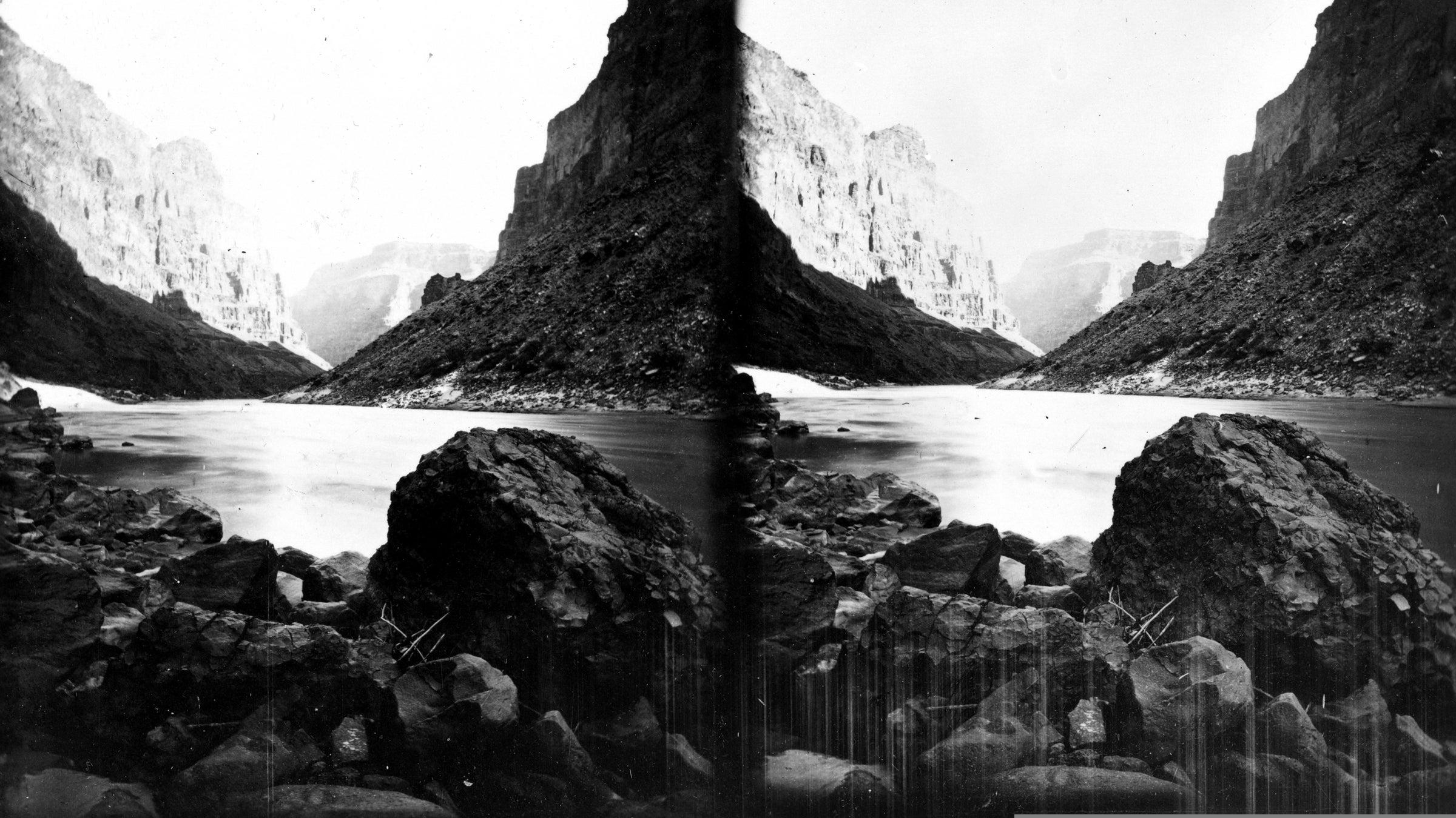 Stereograph of a view from inside the Grand Canyon near Lava Falls on the Colorado River, Arizona, 1875.