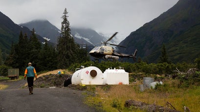 Helicopters shuttle mining personnel to various drilling sites in the mountains. Exploratory drilling could release harmful metals into the Chilkat watershed.This pollution, albeit measurable, is a fraction of that would be caused by a full-scale mining operation.