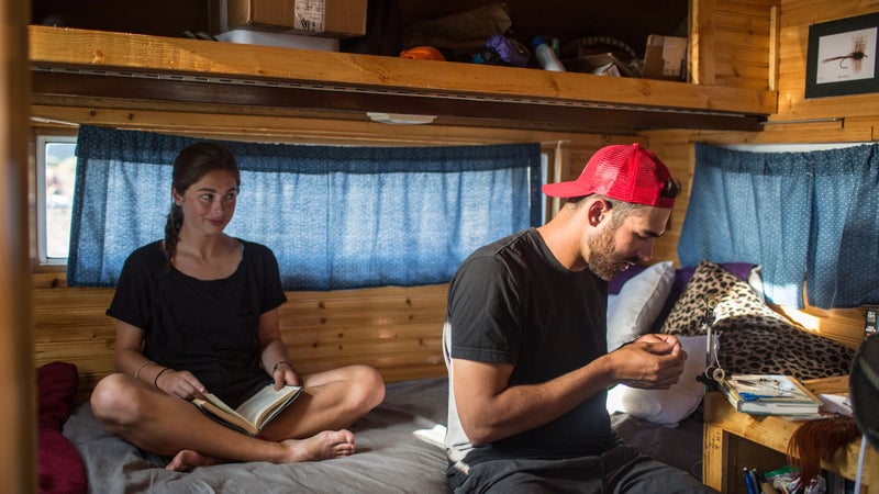 Emily Rutz and Matt Guido spend most of their time at work and outdoors, but they sometimes retreat to their cozy 1973 camper to read or tie new flies.