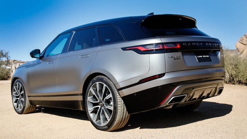 Integrated exhausts and a lack of a rear bumper step give the back of the Velar clean, flowing lines.