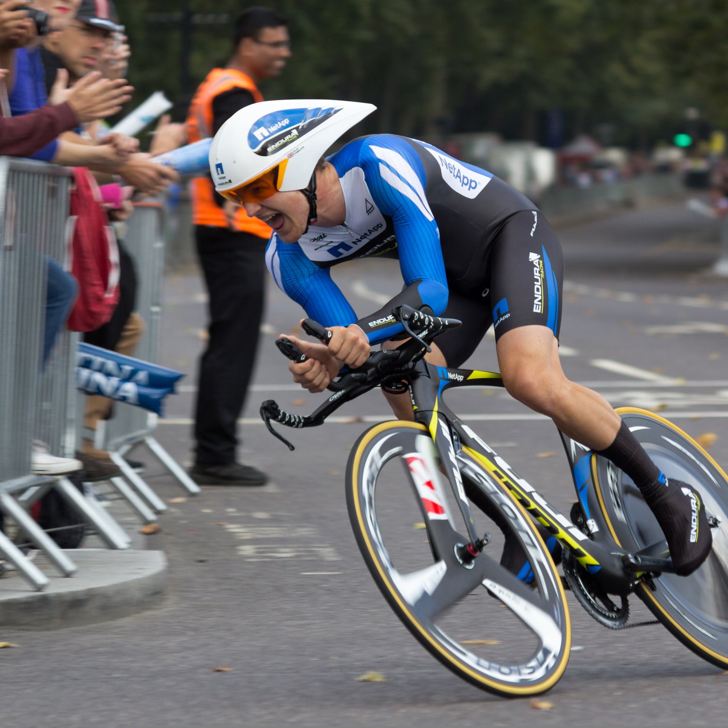 Scott Thwaites enthusiastically rounds a corner during the 2014 Tour of Britain.