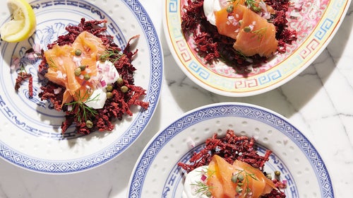 Beet fritters with smoked salmon from A Man, A Pan, A Plan.